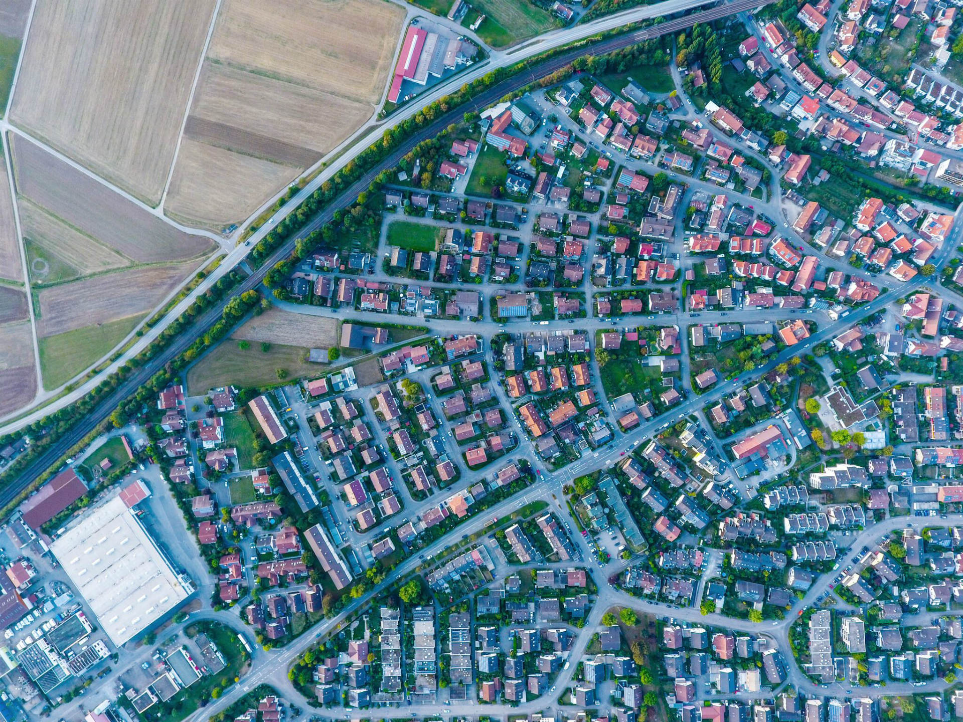 Birdseye view of suburban area