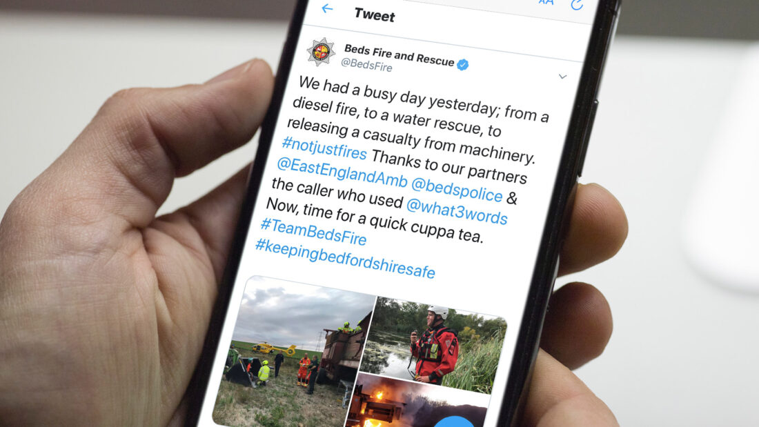 Tweet 'We had a busy day yesterday; from a diesel fire, to a water rescue, to releasing a casualty from machinery. #notjustfires Thanks to our partners @EastEnglandAmb @bedspolice & the caller who used @what3words Now, time for a quick cuppa tea. #TeamBedsFire #keepingbedfordshiresafe' 