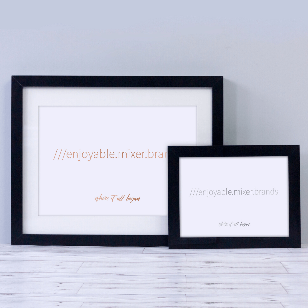 Two personalised calligraphy prints in a frame with a what 3 words address printed on