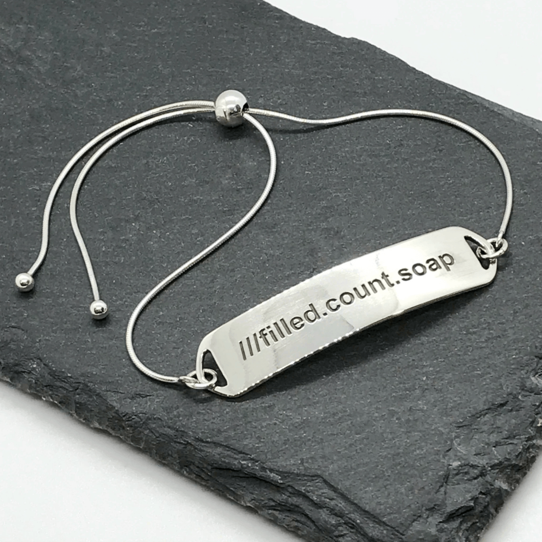 Personalised bracelet by Silver Realms with a what 3 words address filled.count.soap 