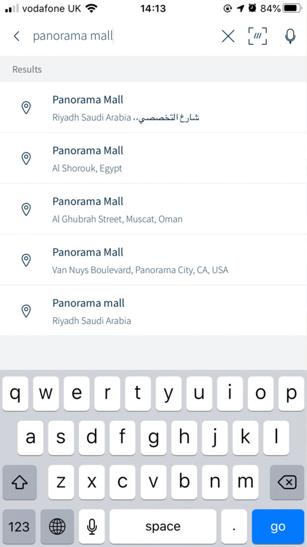 Location input screen. Panorama mall typed in.