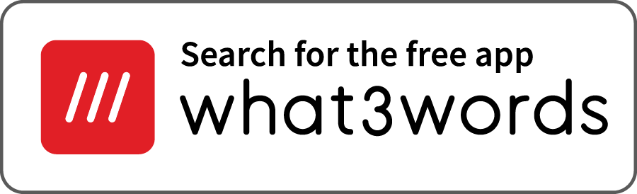 search for the free what3words app button in white with black text