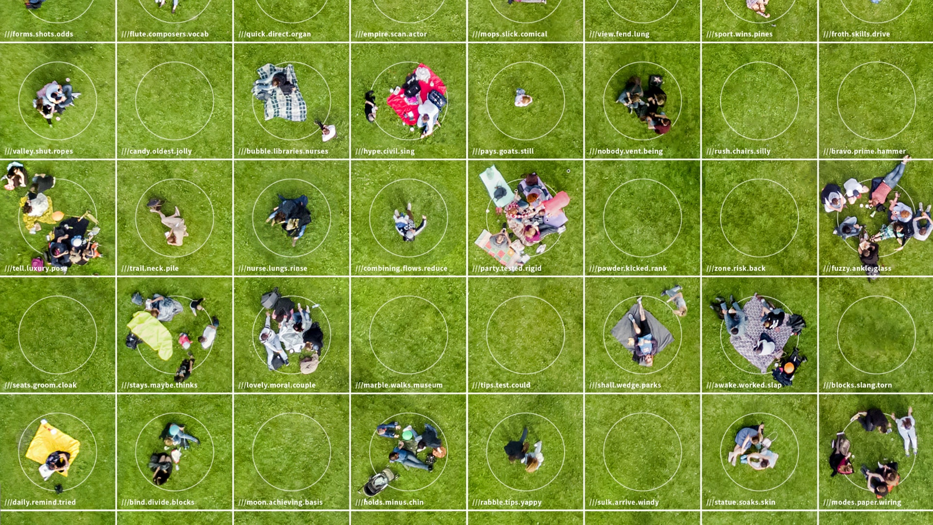 aerial view of people picnicing with grid showing what3words addresses