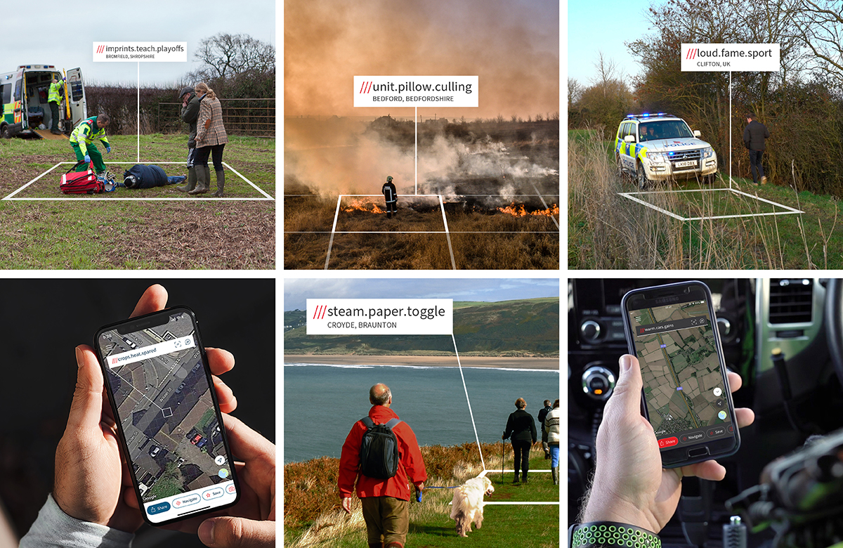 Selection of images of what3words being used in emergency situations