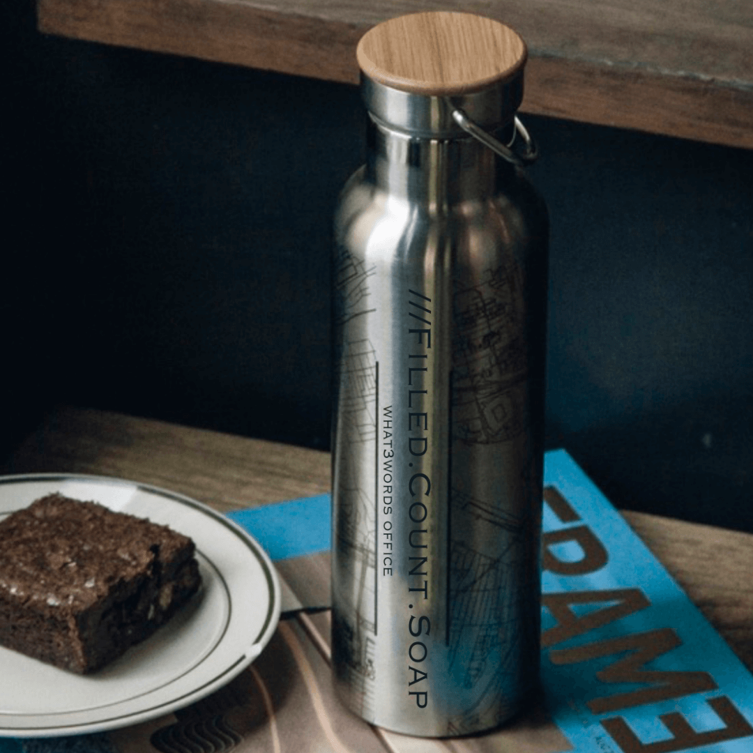 Jace Design water bottle with map and what3words address